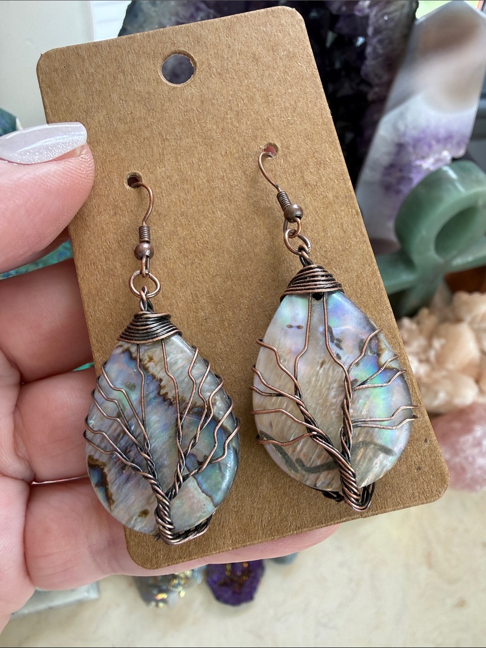 Handcrafted Abalone Shell Tree of Life Drop Earrings - Iridescent Copper Wire